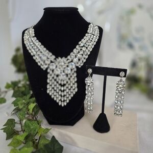 Statement Silver and Crystal Rhinestone Articulated Necklace with Earrimgs Set